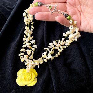 Mother of Pearl Flower Pendant Handmade Crochet Sterling Beaded Necklace 16in